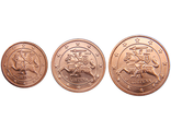 Набор из 3 обиходных монет номиналом 1, 2, 5 центов. Литва, 2015 год