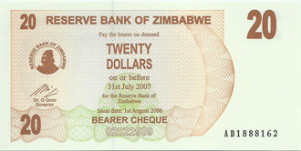 20 долларов. Зимбабве, 2006 год